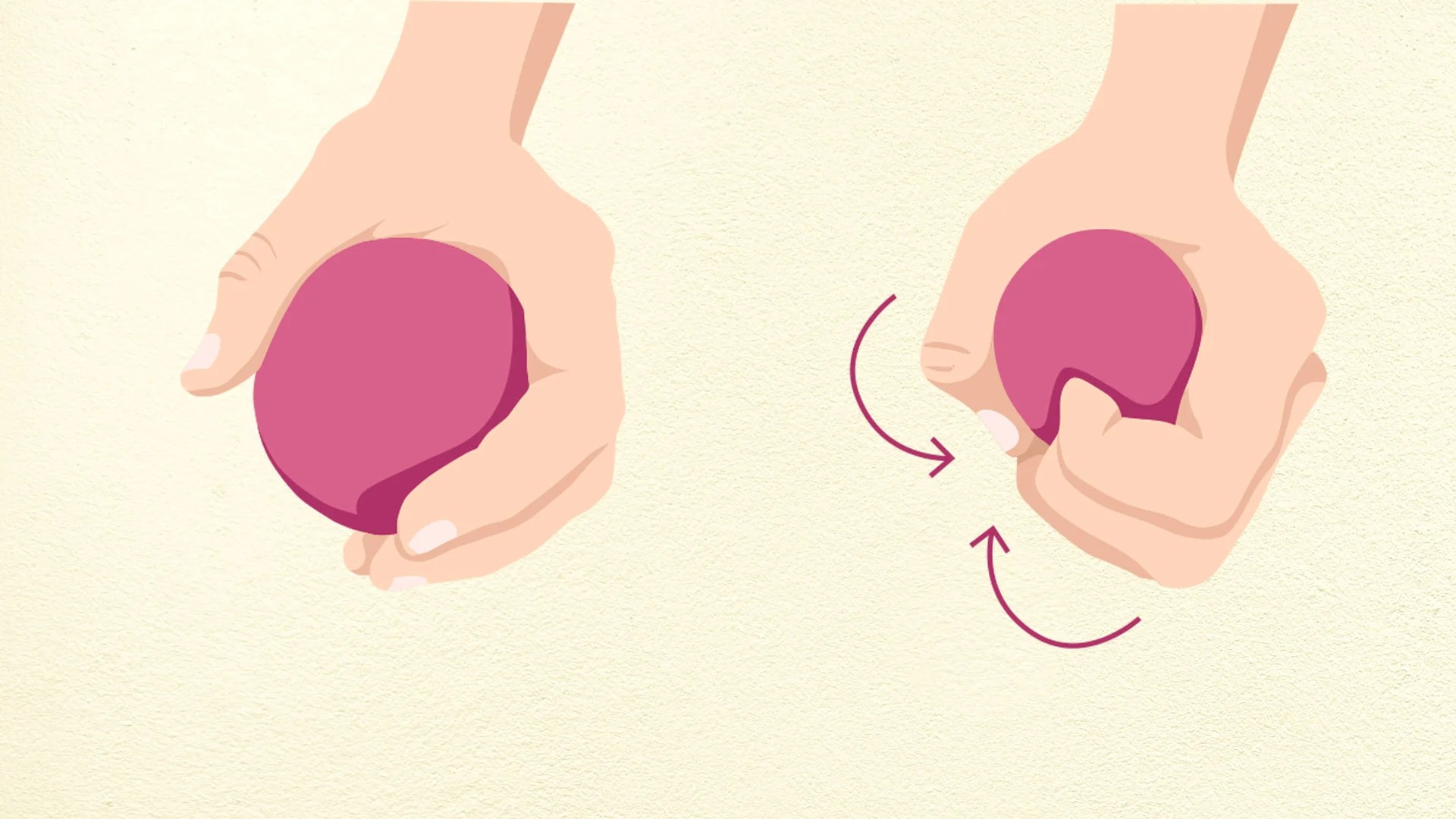 Zeichnung von 2 Händen nebeneineinder. Eine Hand hält einen Ball, die andere Hand drückt einen Ball.